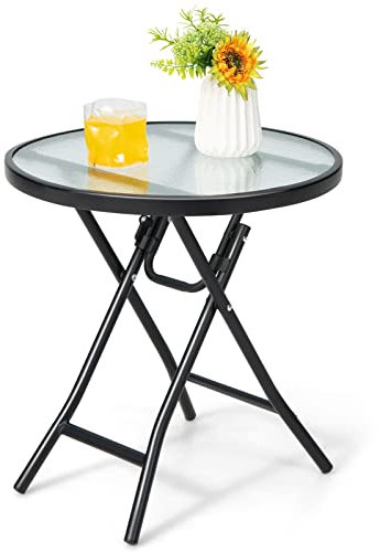 Multigot Folding Side Table, 46cm Outdoor Garden Coffee Table Dining Table with Tempered Glass Tabletop, X-Shaped Metal Frame Small Patio Bistro End Table for Backyard Poolside Balcony (Round)