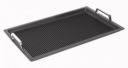 AMT Gastroguss Gastronorm - Grillplatte GN 1/1 mit Grillboden, Nicht-Induktion, 53 cm x 32,5 cm, 2 cm hoch, mit Edelstahlgriffen, Lotan® Antihaft-Veredelung, AMZN-25333-GG