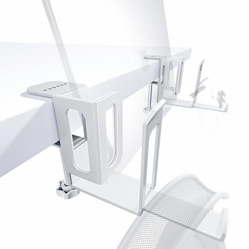 NODOCA Almacenamiento vertical para laptop de 2 ranuras para escritorio, soporte vertical para MacBook, con soporte para auriculares, almacenamiento lateral de escritorio para MacBook/Surface/Samsung