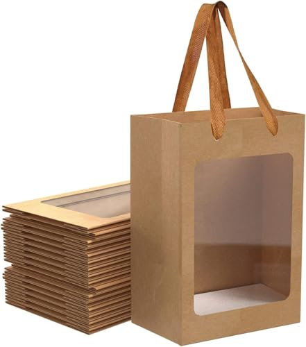 Generic Lot de 12 sacs cadeaux en papier kraft marron avec fenêtre, 25 x 17,8 x 13 cm, poignées, pour cadeaux, fêtes, festivals