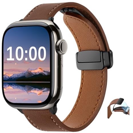 SeNool PU Leather Strap for Apple Watch 38mm 40mm 41mm 42mm Series 10/9/8/7/6/5/4/3/2/1, Men and Women Magnetic PU Leather Replacement Watch Bands for iWatch SE/SE 2 - Brown
