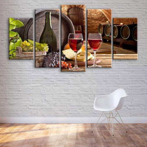 QYYAMDEQ Wandbilder Mit Rahmen 5 Teiliges Leinwandbilder Weinfaß und Weingläser 5 Platten Poster Wandbild Kunstdrucke Büro Küche Schlafzimmer Wandbilder Wohnzimmer xxl