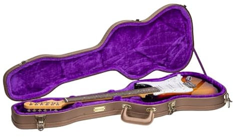 Crossrock Custodia sagomata in legno per chitarra elettrica Stratocaster e Telecaster | Finitura marrone cioccolato, interno in velluto viola, serratura - Serie Designer
