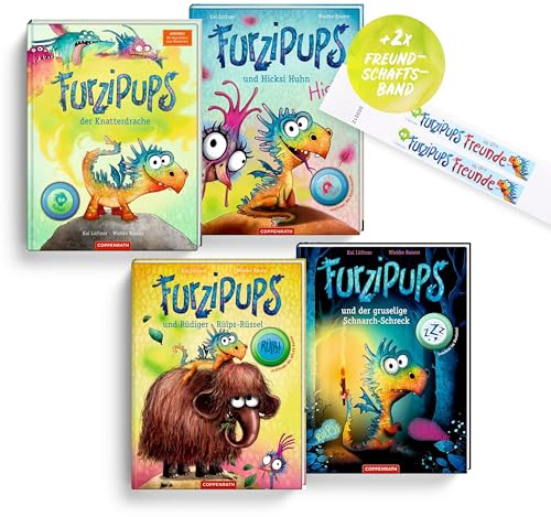 Furzipups 4er-Bücher Set Band 1-4, mit lustigen Geräuschen oder Leuchteffekt + 2 Freundschaftsarmbänder, das lustige Set umfasst Knatterdrache, Hicksi Huhn, Rüdiger Rülps-Rüssel & Schnarch-Schreck