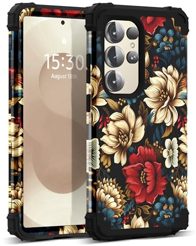 SleekCover for Galaxy S25 Ultra 5G Case,3 in 1 Oil Painting Flower Pattern Heavy Duty Protection Silicone Rubber Bumper+Hard Plastic Protective Cover for Samsung Galaxy S25 Ultra,Black Flower