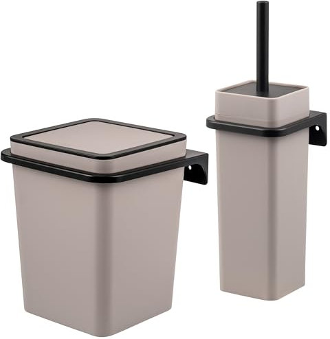 bremermann eckiges 2tlg. Bad-Set Savona mit gummierter Softtouch-Oberfläche inkl. Wandhalterung zum Kleben oder Bohren, moderner Kosmetikeimer 5,5 Liter und WC-Garnitur aus Kunststoff (Taupe)