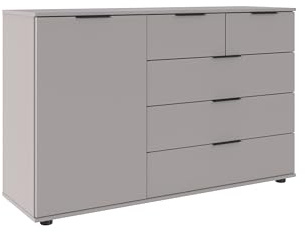 möbelando Sideboard >Tilburg< in Saharagrau, 5 Schubladen, 1 Drehtür, 130x83x41 cm, Made in Germany, robuster Korpus aus Spanplatte, mit Einlegeboden und Belastbarkeit 6 kg.