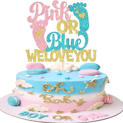 Xsstarmi 1 Pack Gender Reveal theme Cake Topper Glitter We Love You Pink or Blue Cake Pick Boy Or Girl Cake Decorations for Gender Reveal theme Baby Shower Birthday Party Supplies