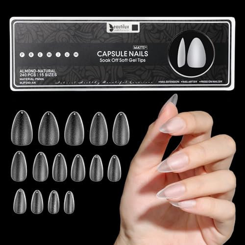 Beautilux 240 Pièces Capsule Americaine Ongle Amande Courte, 15 Tailles, Couverture Complète Pré-poncé Mat Capsules Ongles, pour Débutant en Manucure Nail Art