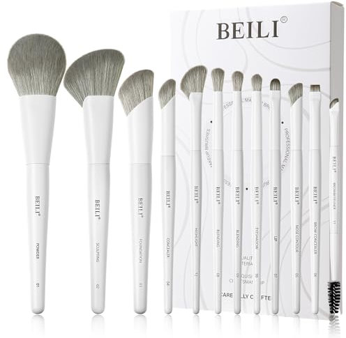 BEILI Lot de 12 pinceaux de maquillage rose végétalien pour poudre, fond de teint, anti-cernes, sourcils, fard à paupières, contour, eyeliner et estomper les yeux (Blanc)