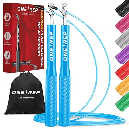 ONE REP Comba Crossfit Profesional de Aluminio Ajustable - Boxeo Fitness | Cuerda de saltar de velocidad con rodamientos 360° antideslizantes. Ideal gimnasio en casa, ejercicio outdoor y adelgazar.