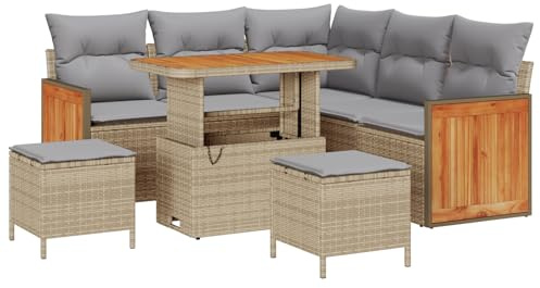 vidaXL 8-teiliges Garten-Ecksofa-Set mit Kissen in Beige aus Poly Rattan und Hellgrau. Bequemer Platz für 5 Personen, ideal für Terrasse oder Balkon. UV-beständig und modulare Liege für den Sommer.