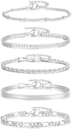 Sahoottie 5Pcs 14K Gold/Rose Gold/Silver Bracelets Set for Women,Dainty Bracelets Stacking Jewellery Adjustable Rope Cuban Figaro Herringbone Bead Chain Bracelets Set for Women