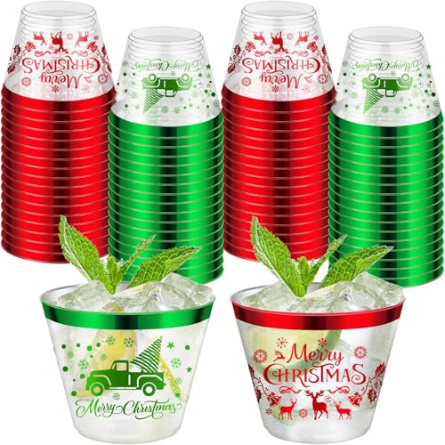 LATERN 60 Pezzi Bicchieri per Feste di Natale, 270ml Merry Christmas Bicchiere di Plastica Riutilizzabili Eleganti Tazze da Vino Cocktail con Rosso Verde Bordo per Natale Festa Vigilia Decorazione