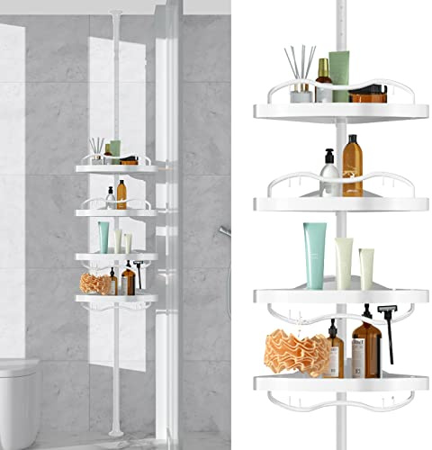Corner Shower Caddy Tension Pole - Heavy Duty Floor to Ceiling Shower Organizer Tension Pole with 4 Shelves,54-114” Adjustable Rustproof Stand Rack for Bathtub,Bathroom,Dorm,RV - White