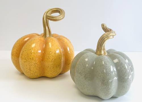 Decorative Ceramic Pumpkins, 16cm Grey and 20cm Orange, Indoor/Outdoor Autumn Display Set, Halloween Mantle Ornaments (Orange (20cm))