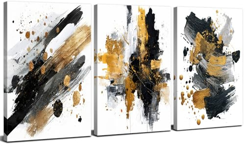 AREBOLO 3 Pièces Black and White Tableaux sur Toile Abstraits – Décoration Murale Moderne Noir Blanc et Effet Doré pour Salon Chambre Bureau 30x40 cm