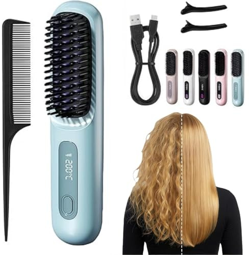 Cefryna Styling Brush for Short Hair-Wiederaufladbarer kabelloser Glättungskamm mit 4000 mAh Kapazität Erzielen Sie jederzeit und überall makellose glatte, gewellte oder lockige Frisuren. (Blau)