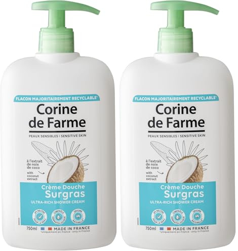Corine de Farme - Crème Douche Surgras à l'Extrait de Noix de Coco - pH Neutre, Origine Naturelle - Contrôle Dermatologique - Fabrication 100% Française - 750ml (Lot de 2)