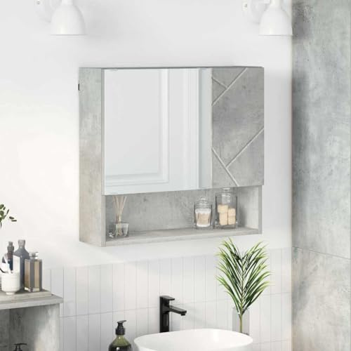 GeenYuu Armadietto a specchio con anta grigio cemento, 59 x 17 x 55 cm, in legno, mobile da bagno, lavandino con spazio e mensola per gli ospiti