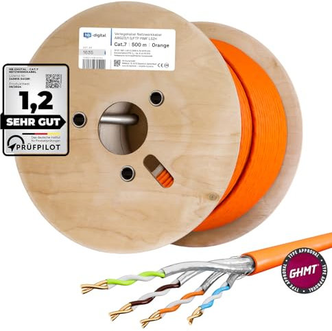 HB-DIGITAL 500m Cable de red CAT.7 Cable de instalación LAN AWG 23 Cobre puro S/FTP PiMF LSZH Cable de instalación Ethernet que cumple con RoHS Cable de datos PoE 10Gbit/s máx. 1000MHz Naranja