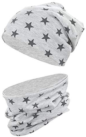 TupTam Unisex Kinder Beanie Mütze Schlauchschal Set, Farbe: Sterne Graphit/Grau Meliert, Größe: 56-58