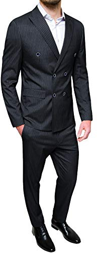 Evoga Robe de costume pour homme à double boutonnage à rayures élégant formel cérémonie, Noir , 48