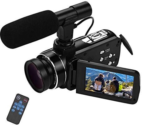 Andoer Videokamera HD con Objetivo Gran Angular 0.45X y micrófono, videocámara Digital 4K Full HD Sensor CMOS Camcorder 18X Digital Zoom Vlogging Camera para Youtube