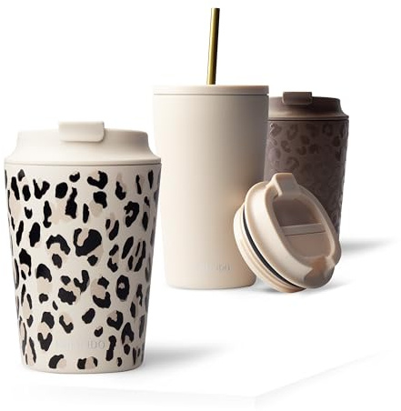 MAMEIDO Thermobecher 350 ml (Ivory Trace) | 4h heiß/8h kalt, auslaufsicher & BPA-frei mit Klappdeckel, Kaffeebecher to go aus Edelstahl – passt in Autohalter