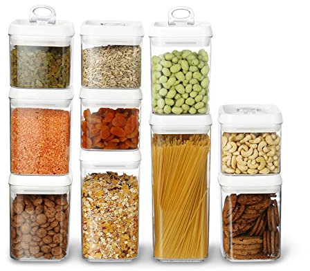 Felli Flip Tite Food Storage Container with Lid 5 LARGE Airtight Easy Open Ring Top, Acrylic Canister Jar for Sugar Flour Baking Powder Protein Rice Pasta Kitchen Organizer Gift Set (10pk, Variety)
