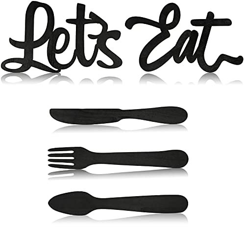 Jetec 5 Pcs Let's Eat Sign Kitchen Wall Decor Fork Spoon Knife Kitchen Decor Sign Rustic Farmhouse Wooden Wall Decorations for Home Dining Room Bar Cafe Restaurant(Black)