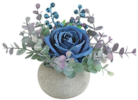 Rosscer Kit di fiori artificiali con vaso, combinazione di rose blu e verde in finta seta, piccole piante decorative in vaso per uffici, librerie, camera da letto, soggiorno, feste, decorazioni per