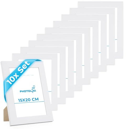 PHOTOLINI Bilderrahmen 15x20 weiß Holz MDF, 10er Set breite Bilderrahmen 20x15 weiß, Picture Frame mit Acrylglas, Bilderrahmen 15 x 20 cm zum Aufhängen & Aufstellen, Rahmen 15x20 mit Zubehör