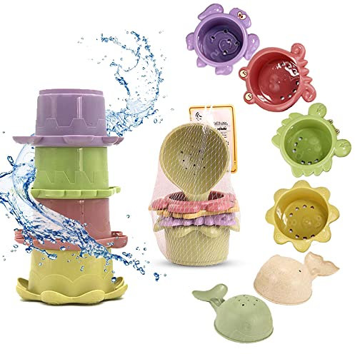 Vasos apilables de plástico para bebés, juguetes de baño para niños, taza apilable, juguete para bebé, taza de anidación, juego de 6 (tazas juguetonas A)
