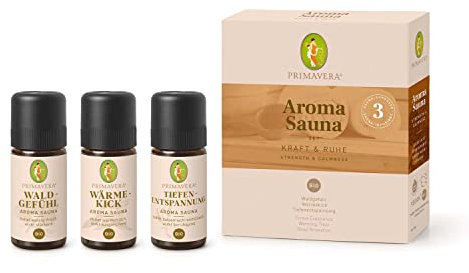 PRIMAVERA Set Aroma Sauna Kraft & Ruhe bio 3 x 10 ml – Waldgefühl, Wärmekick, Tiefenentspannung - Saunaöl, Aromatherapie, Geschenk – vegan