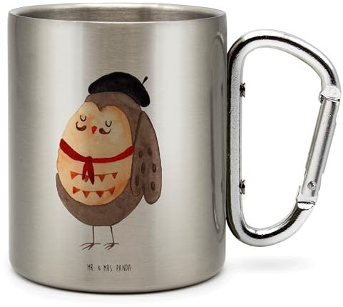 Mr. & Mrs. Panda Campingtasse Eule Frankreich - Geschenk, Edelstahlbecher, Eulen, Owl, Edelstahltasse, glücklich, Karabiner, Spruch schön, béret