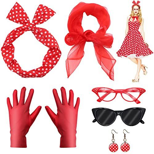 VEGCOO 6 Teiliges Rockabilly Accessoires Damen,50er Jahre Kostüm Damen Vintage Kleidungszubehör einschließlich Stirnband Handschuhe Brillen Requisiten Set (Rot)