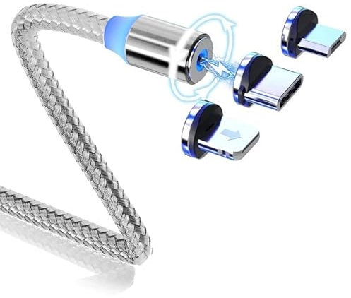 ElectroWorldFR câble de chargeur magnétique 360° couleur argent 2-mètres avec LED 3 en 1 Type C/Micro/8 pin 360 silver