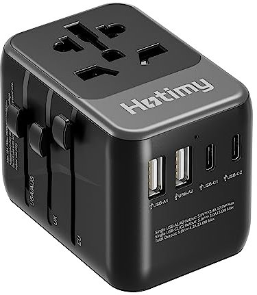 hotimy Worldwide Travel Adapter with USB C,Universal Travel Adapter with 4 USB (2 USB C + 2 USB A) and 1 Universal AC Socket Double 10A Fused International Travel Plug Adapter with EU UK USA AU Plugs