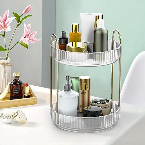 Kssvzz 360° Make Up Organizer Drehbar, Parfüm Organizer, Skincare Organizer, Kosmetik Organizer, Multifunktional Organizer für Schminktisch, Schlafzimmer, Badezimmer(Farblos, 2 Tier)