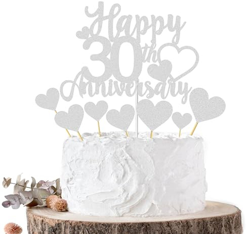 Joyeah Happy 30th Anniversary Cake Topper Decorations Silver Glitter Wedding Anniversary Cake Topper Supplies Party Cake Decor