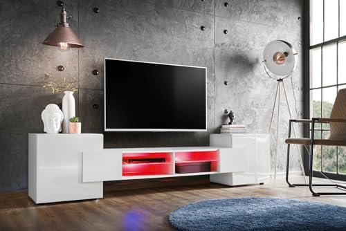 Komodee, Merano Bank TV Schrank, Weiss, LED RGB, Breite 230 cm x Höhe 52,5 cm x Tiefe 35 cm, für Wohnzimmer, Schlafzimmer