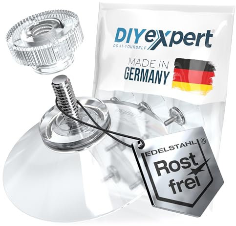 DIYexpert® 50 ventosas de 40 mm de diámetro con rosca M4 x 10 mm, incluye tuercas moleteadas transparentes, fabricadas en Alemania