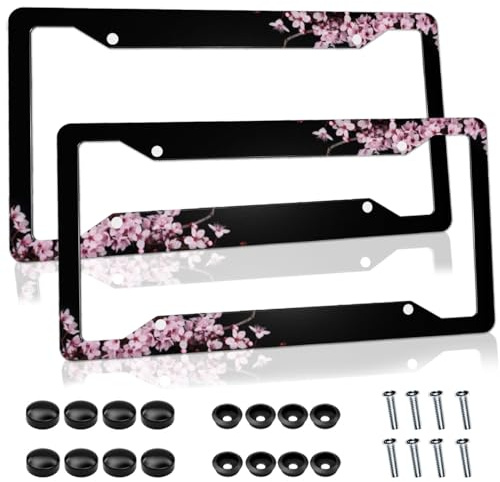 Nummernschildrahmen mit Kirschblütenmotiv, Rosa, lustiges Auto-Zubehör, Halterung, Aluminium, Metall, schwarz, für Damen und Herren, 2 Stück, 31,2 x 16 cm