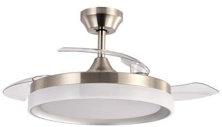 ABRILA - Ventilador DC ZENIT | Color Níquel con tres Aspas Desplegables | con 6 Velocidades Ajustables | con 3 Temperaturas de Luz | Mando a Distancia Incluido