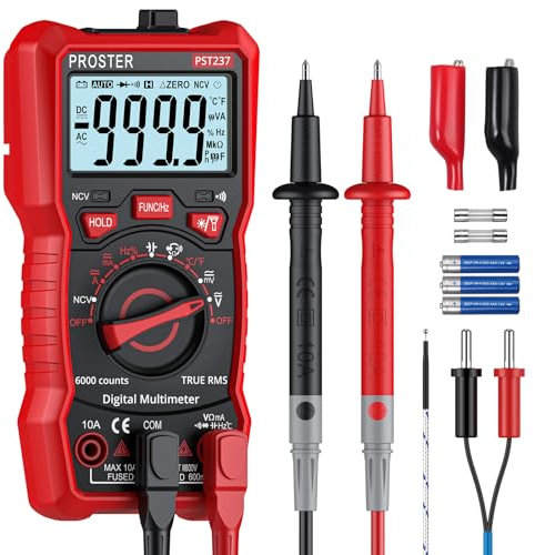 Proster Multimetro Digitale 6000 Conteggi 10A 600V TRMS Auto Range Rilevatore NCV Misuratore di Tensione Corrente DC AC Temperatura Capacità Resistenza Diodo Tester di Continuità