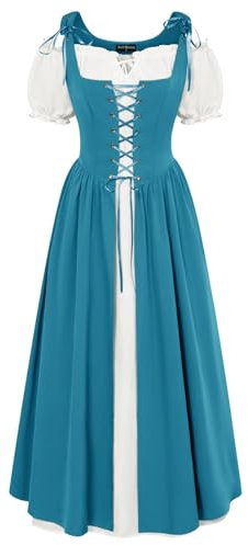 2024 Women Blue Irish Costume Boho Renaissance Dress Lace-up Maxi Medieval Pirate Peasant Dresses Two-Piece L