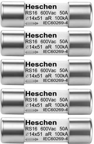 Heschen Lot de 5 fusibles cylindriques en céramique RS16 type aR 14 x 51 mm 50 A 600 VAC 100 kA