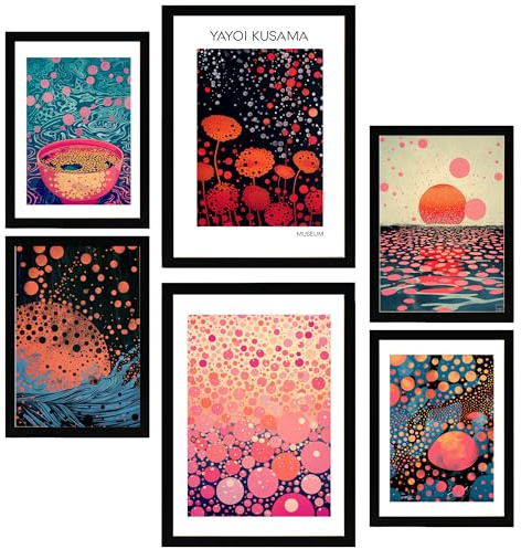 Nacnic 6er-Set Kusama-Welle Gerahmtes Poster mit Design-Illustrationen zur Dekoration der Wände Ihres Zuhause Zimmer Büro Laden Malerei im A3 & A4 Schwarzer Rahmen