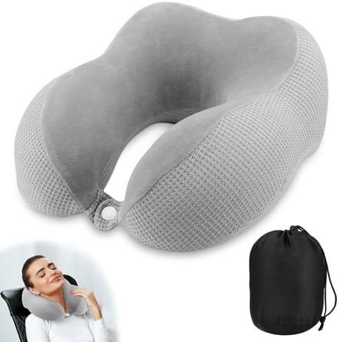 Kasanni Cuscino Viaggio, Cuscino Aereo Viaggio, Cuscino da Viaggio Memory Foam, Cuscino Collo, Cuscino per il Collo per Adulti con Borsa, per la Sedia Dell'aereo, Casa, Ufficio, Auto (Grigio)